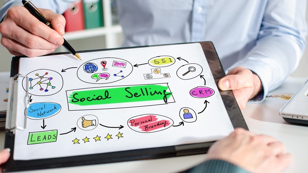 Vertriebler zeigt grafische Darstellung von Social Selling am Tablet