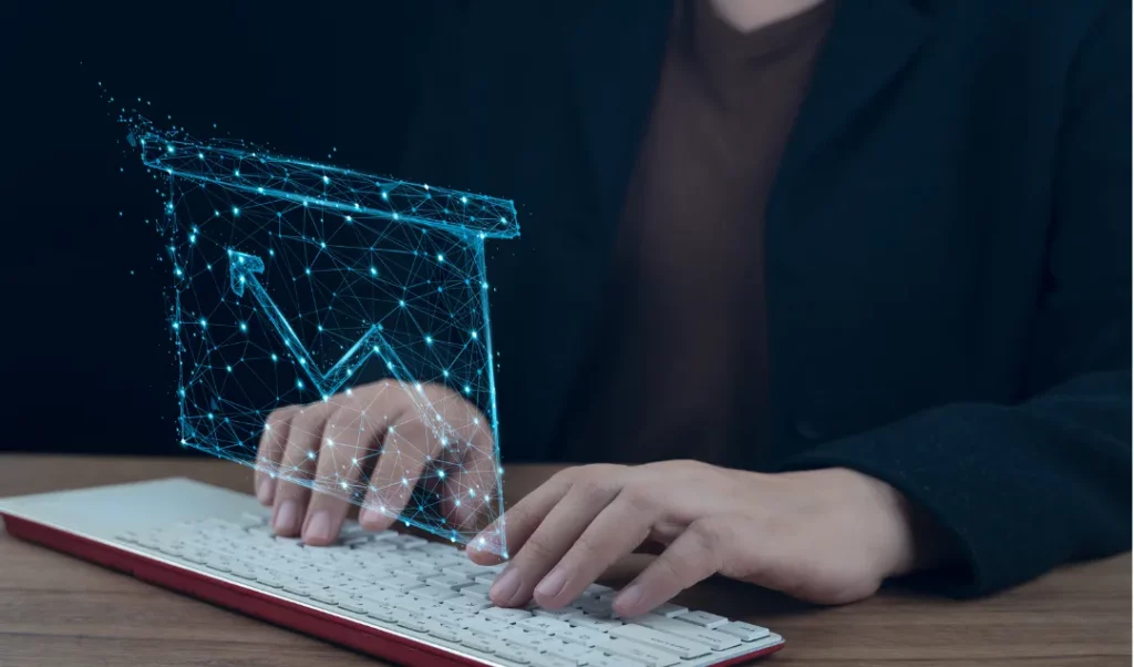 Vertriebsingenieur analysiert digitale Daten zum Marktwachstum auf einem futuristischen Interface.