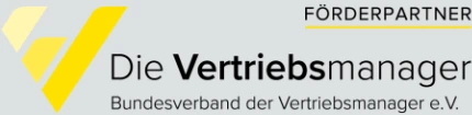Logo des Bundesverbands der Vertriebsmanager e.V. mit gelbem V-Design und Text "Die Vertriebsmanager – Förderpartner".