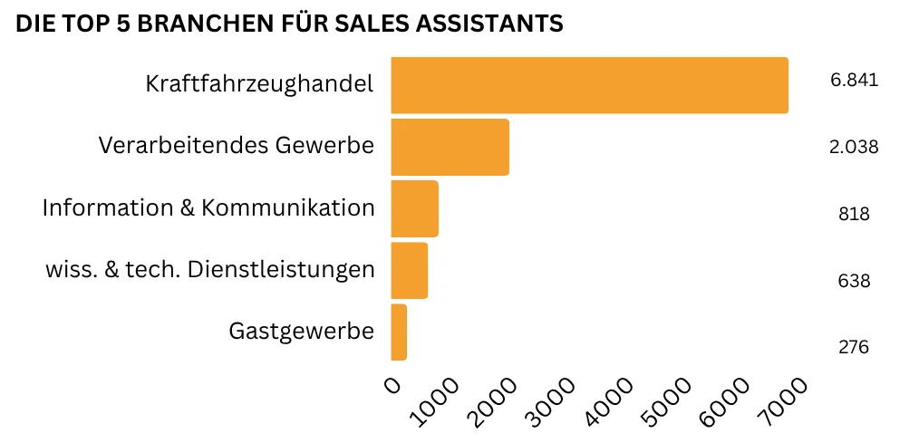 Balkendiagramm mit den fünf häufigsten Branchen für Sales Assistants, angeführt vom Kraftfahrzeughandel.