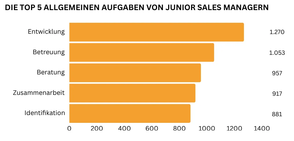 "Ein horizontales Balkendiagramm zeigt die fünf wichtigsten allgemeinen Aufgaben eines Junior Sales Managers: Entwicklung (1.270 Nennungen), Betreuung (1.053 Nennungen), Beratung (957 Nennungen) und Zusammenarbeit (917 Nennungen) sowie Identifikation (881 Nennungen)."
