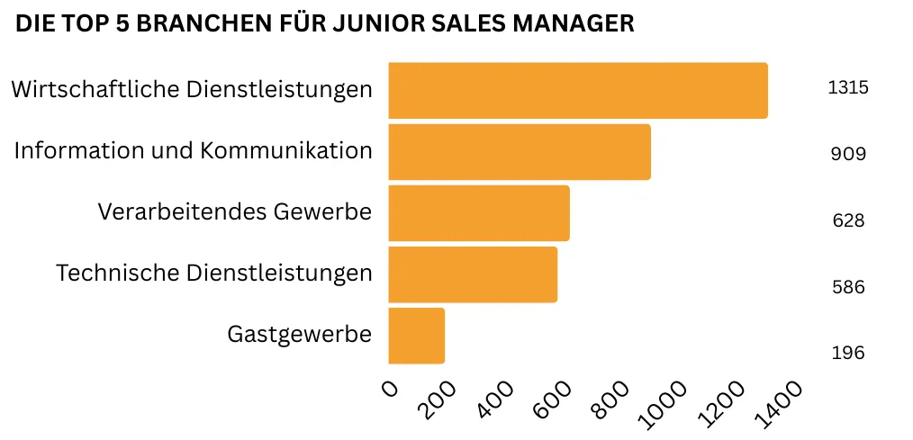 "Ein horizontales Balkendiagramm zeigt die Top fünf Branchen für Junior Sales Manager: Wirtschaftliche Dienstleistungen (1.315 Stellen), Information und Kommunikation (909 Stellen), Verarbeitendes Gewerbe (628 Stellen), Technische Dienstleistungen (586 Stellen) sowie Gastgewerbe (196 Stellen)."
