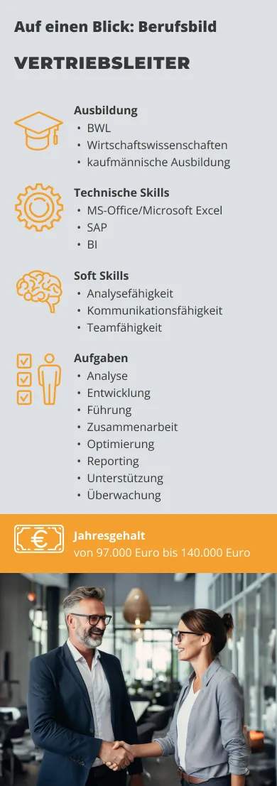 Infografik zum Berufsbild Vertriebsleiter mit Angaben zur Ausbildung (BWL, Wirtschaftswissenschaften, kaufmännische Ausbildung), Soft Skills (Analysefähigkeit, Kommunikationsfähigkeit, Teamfähigkeit), technischen Skills (MS-Office/Microsoft Excel, SAP, BI), Aufgaben wie Führung, Analyse, Optimierung und Zusammenarbeit sowie dem Jahresgehalt von 97.000 Euro bis 140.000 Euro