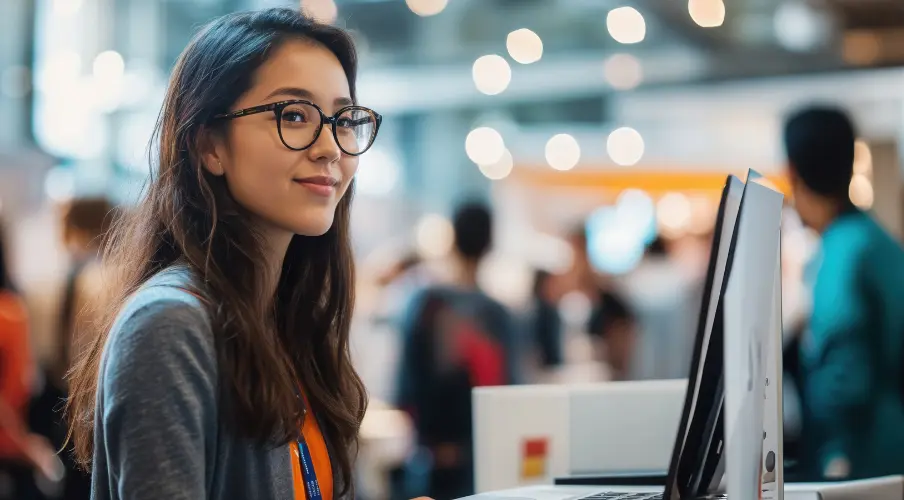 "Technical Sales Manager Symbolbild: Eine junge Technical Sales Managerin steht vor ihrem Laptop an einem Messestand und lächelt in die Kamera. Im Hintergrund sind Messebesucher zu sehen."